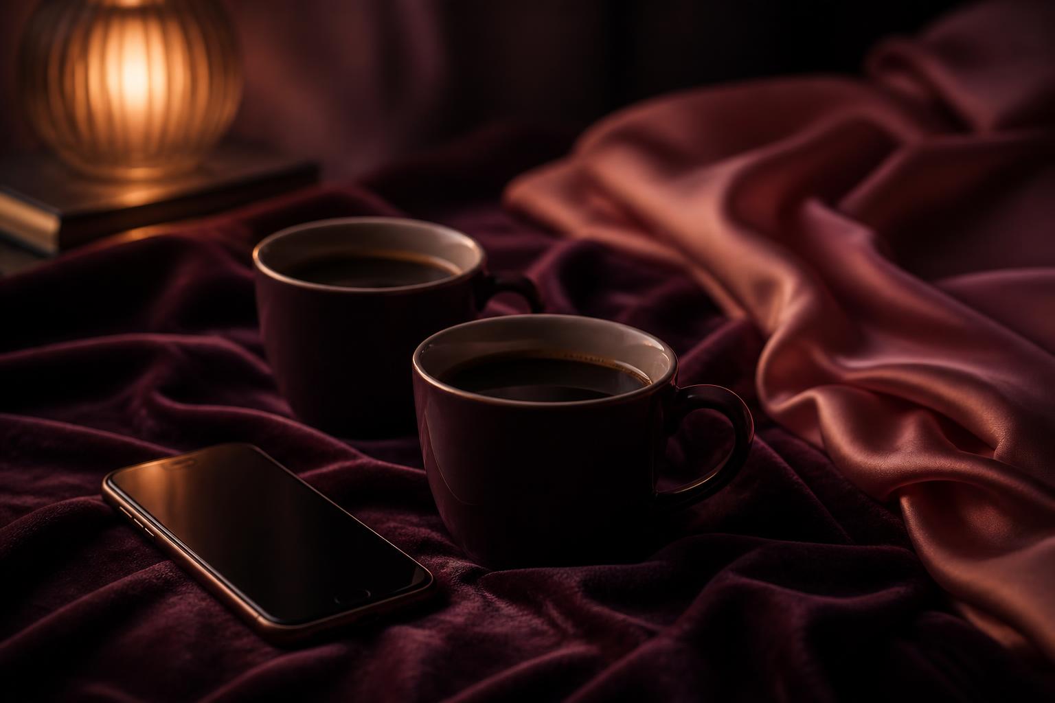Two cups and a phone resting on a wine coloured velvet throw in warm lamplight